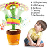 A colorful cactus toy with a face is shown next to a baby boy, demonstrating various interactive functions.