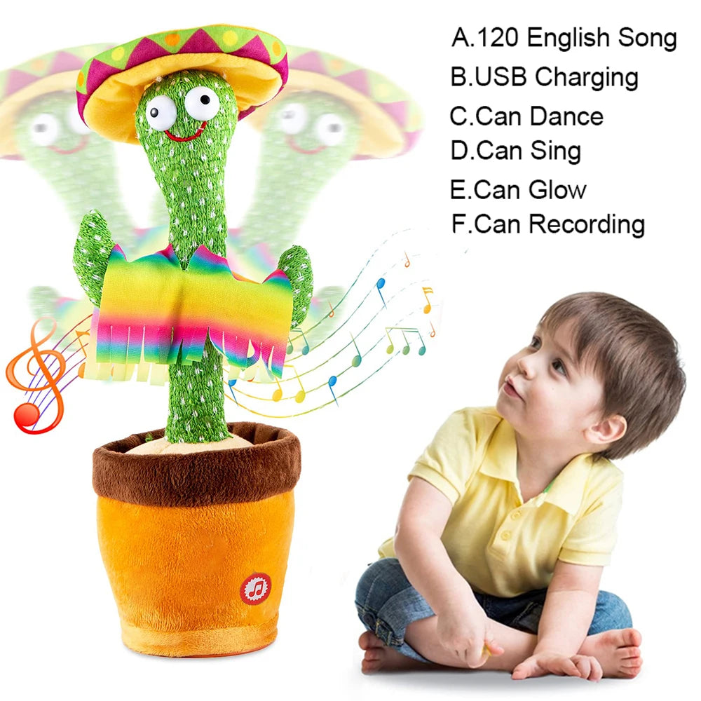 A colorful cactus toy with a face is shown next to a baby boy, demonstrating various interactive functions.