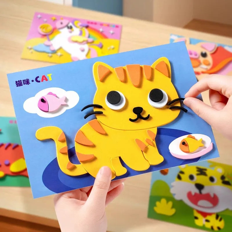 A hand holds a yellow cat 3D sticker puzzle piece featuring orange stripes and large eyes against a blue background.
