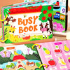 A colorful interactive learning book with pages featuring fruit and insect illustrations for toddlers.