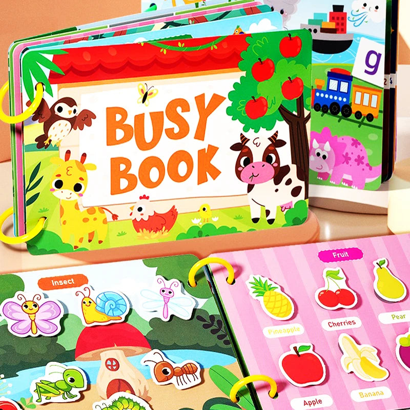 A colorful interactive learning book with pages featuring fruit and insect illustrations for toddlers.