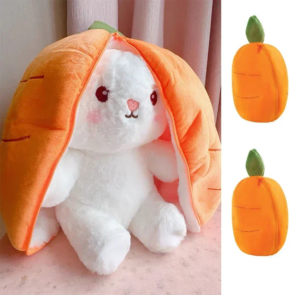 An orange carrot shaped plush toy with a white rabbit face and ears, shown in detail.