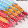 A close-up view of a set of 1.0mm bullet tip acrylic gel pens in various colors, demonstrating smooth painting and large capa