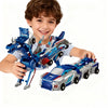 A young boy holds a blue and silver transforming dinosaur car set with magnetic connectors.