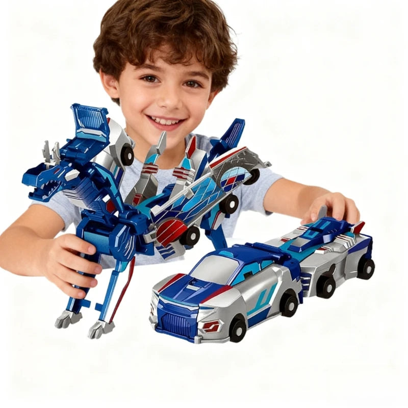 A young boy holds a blue and silver transforming dinosaur car set with magnetic connectors.