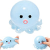 A light blue octopus squishy stress ball with a pink ring, shown in various forms and close-up.