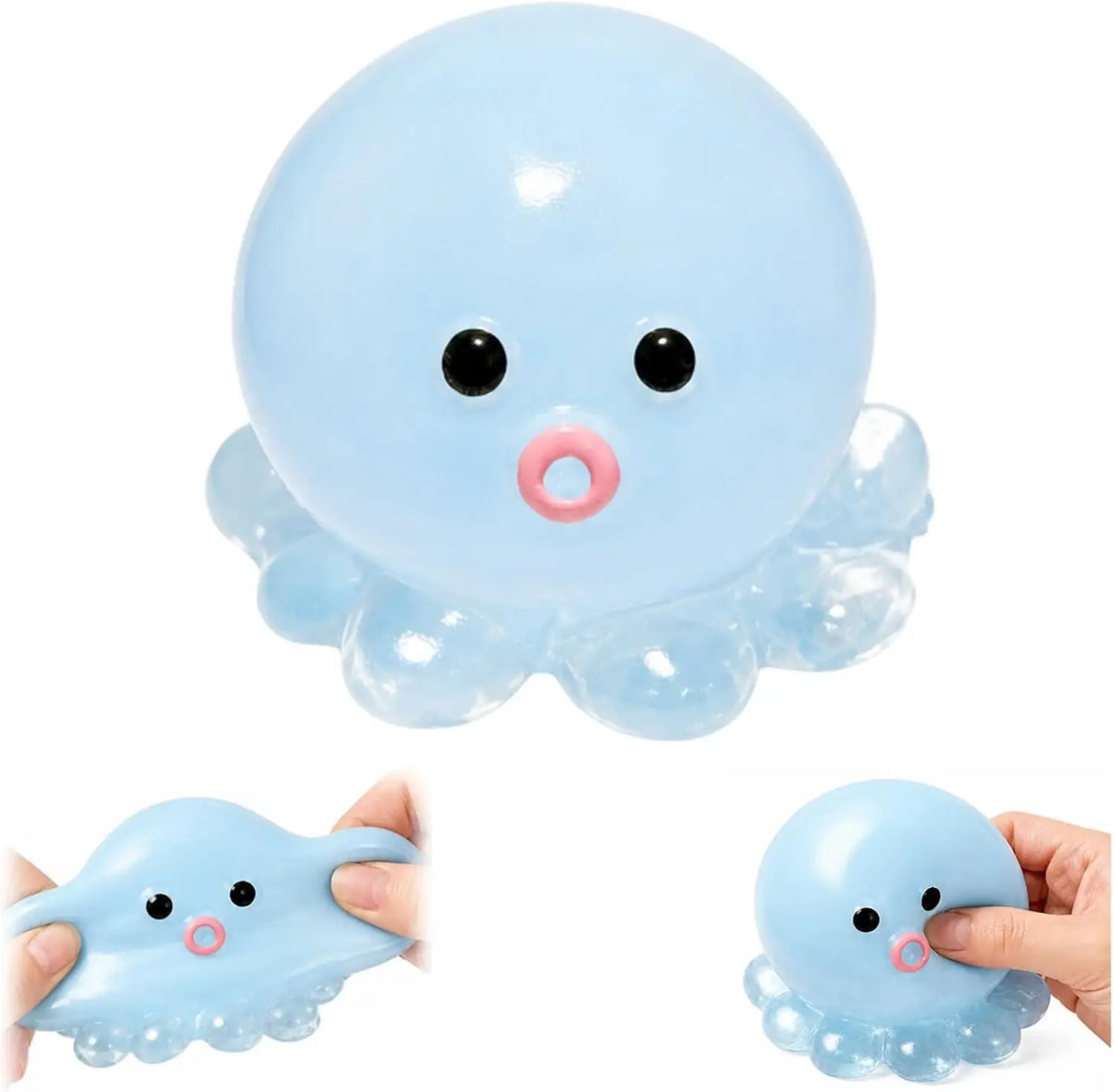 A light blue octopus squishy stress ball with a pink ring, shown in various forms and close-up.