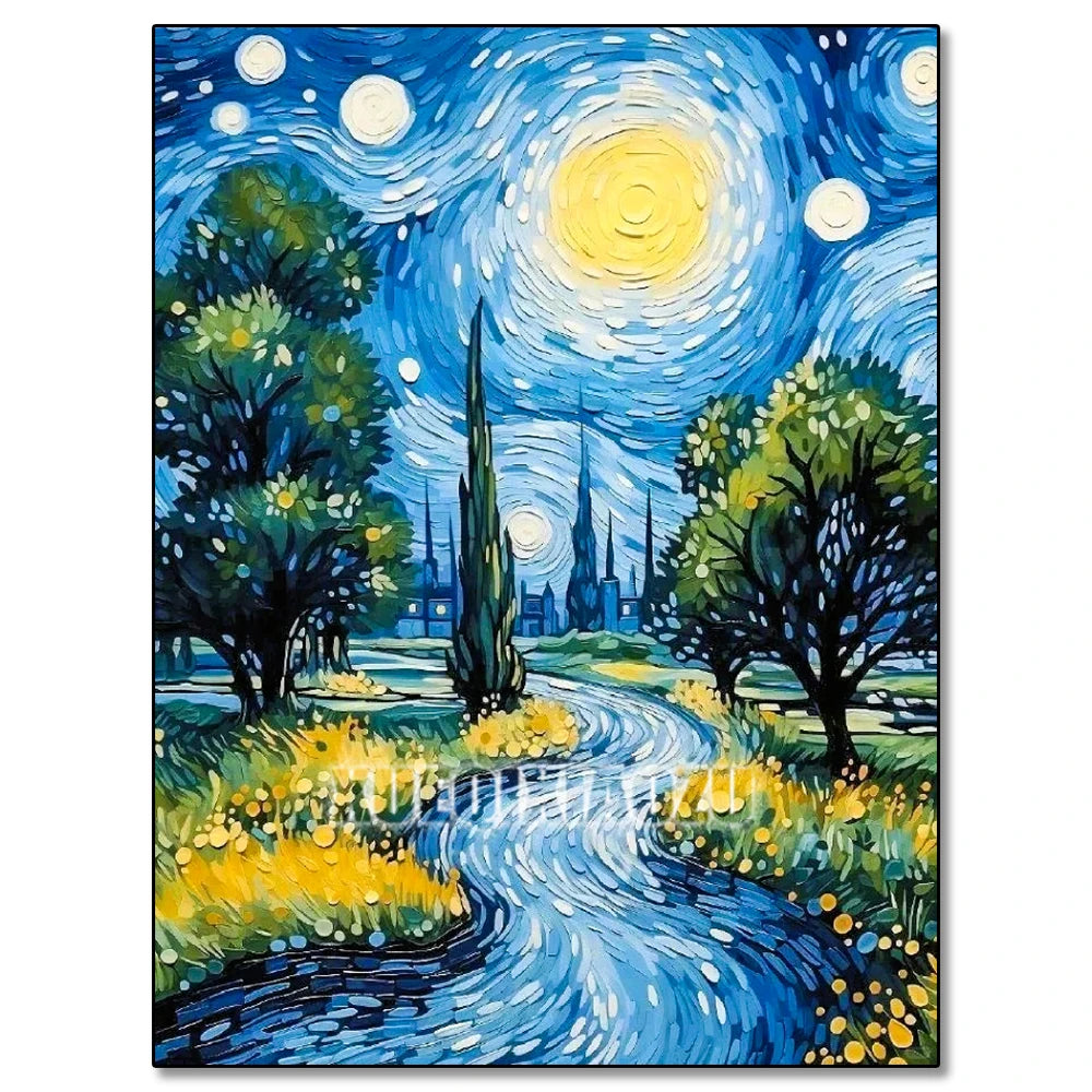A painting depicting a landscape under a starry night sky with vibrant blues and yellows.