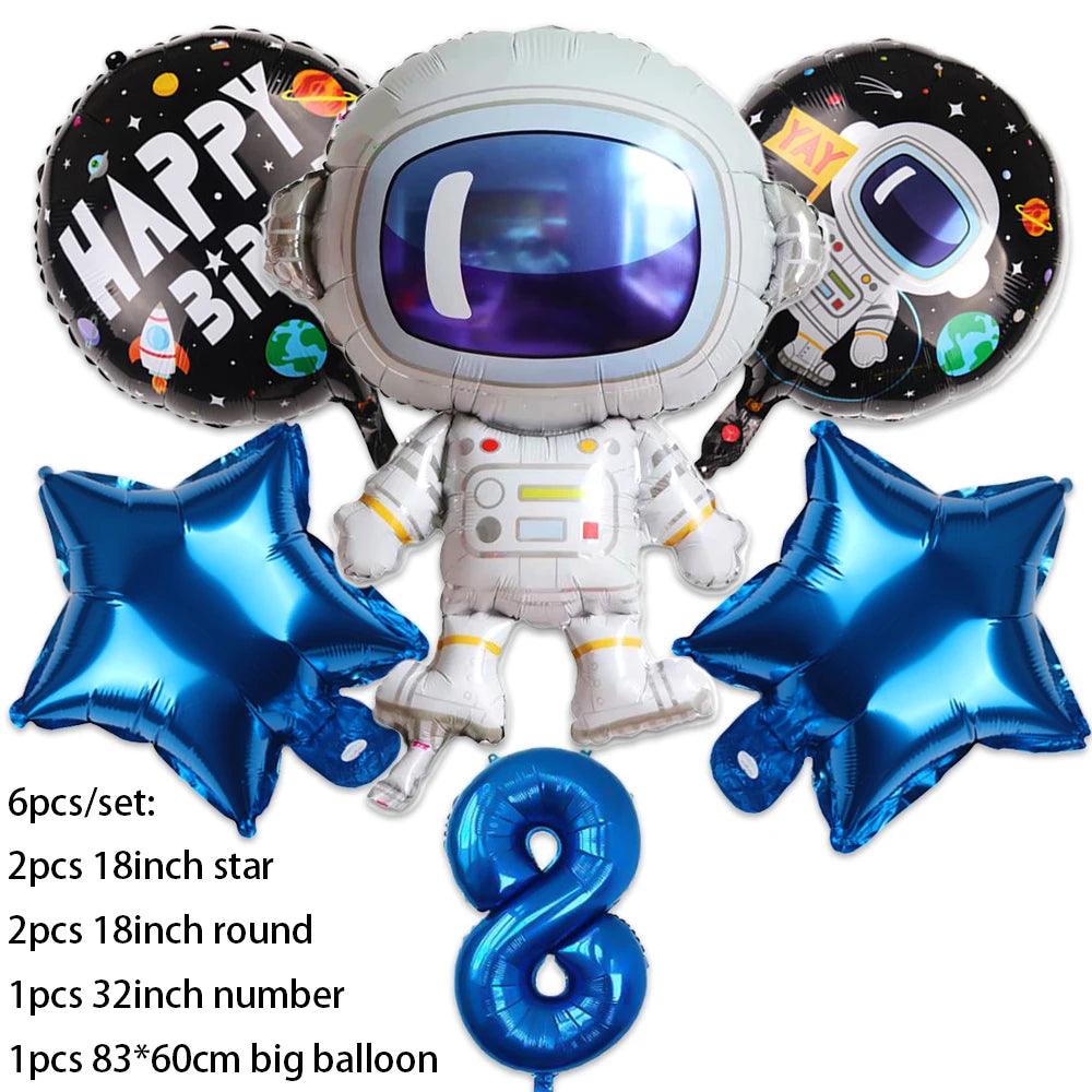 Outer space astronaut party décor set featuring a helmet, space suit, and various sized balloons