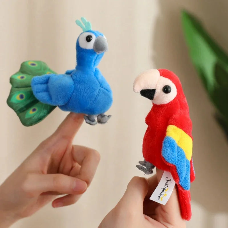 Adorable Mini Plush Finger Puppet Set – Parrot, Peacock, Shark & Octopus