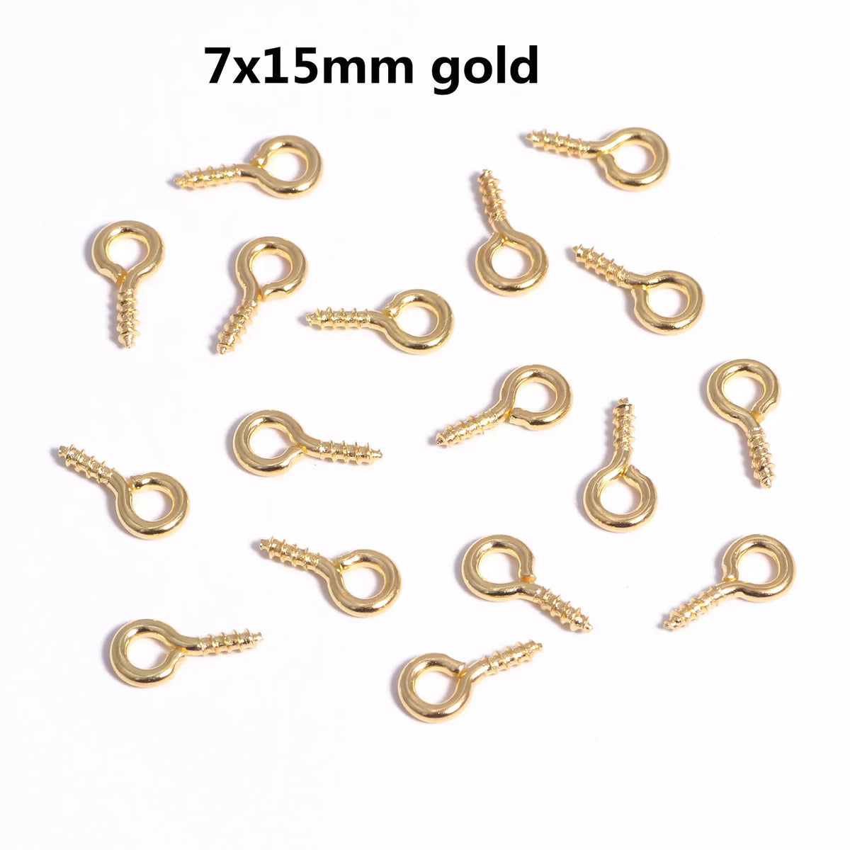 A collection of 7x15mm gold mini eye pins with screw threads for jewelry making.