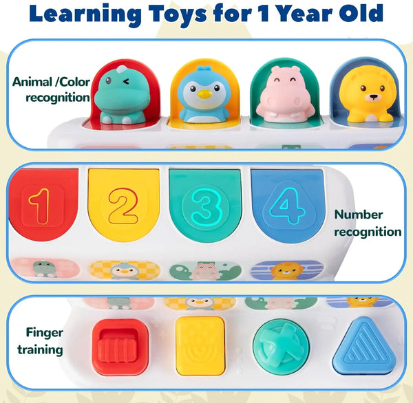 Learning toys for one year old featuring animal recognition, number recognition, and finger training activities.