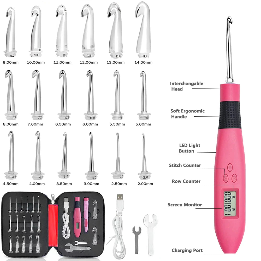 LED Lighted Crochet Hook Set with Interchangeable Heads and Built-in Stitch Counter