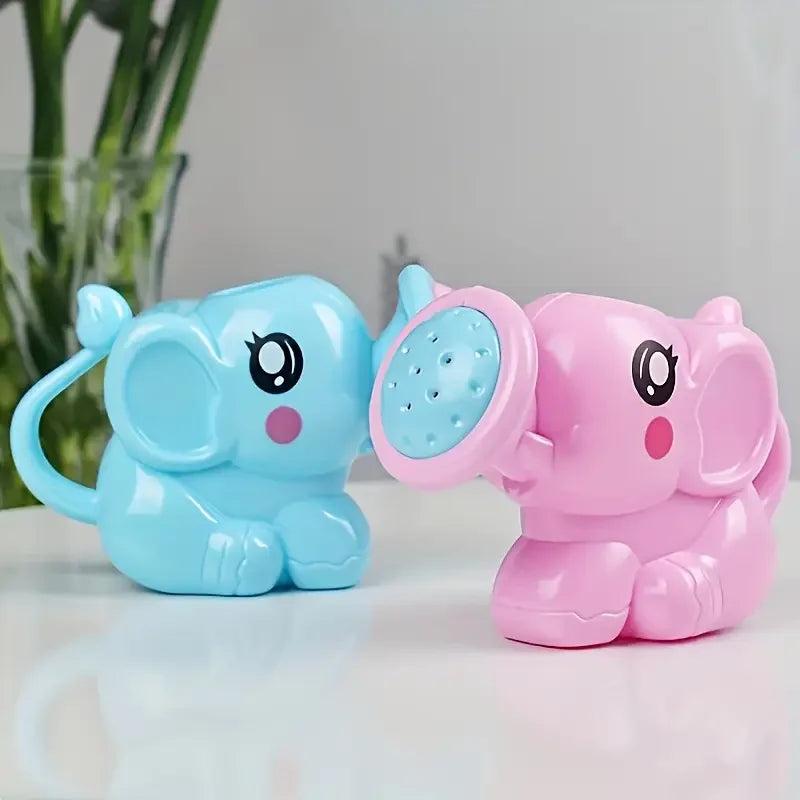 A pair of pink and blue elephant bath toys, an elephant with a watering can and another elephant with an open lid.