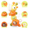 A yellow musical giraffe teether toy with various features including a switch, music lighting, a rotating circle, and a ring.