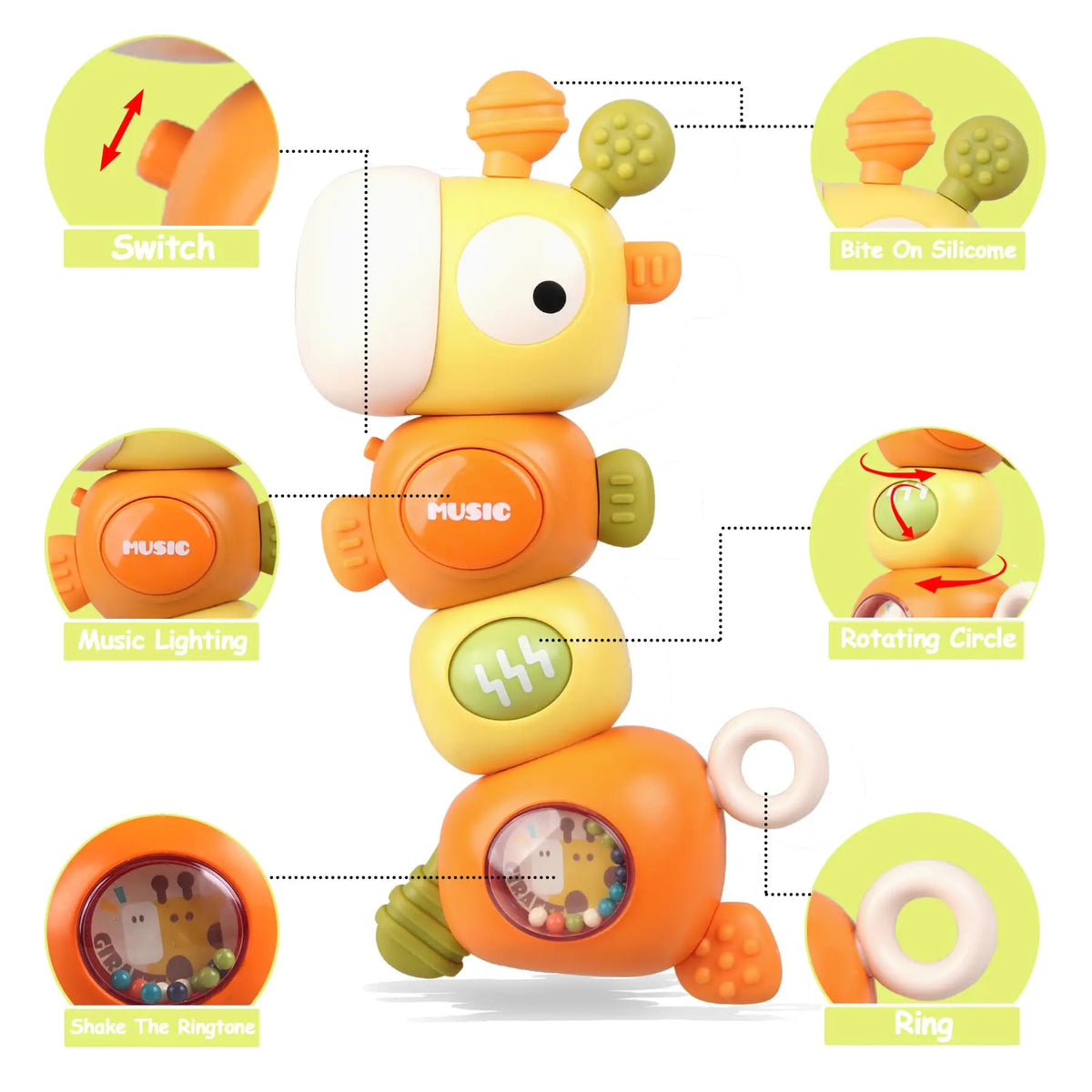 A yellow musical giraffe teether toy with various features including a switch, music lighting, a rotating circle, and a ring.