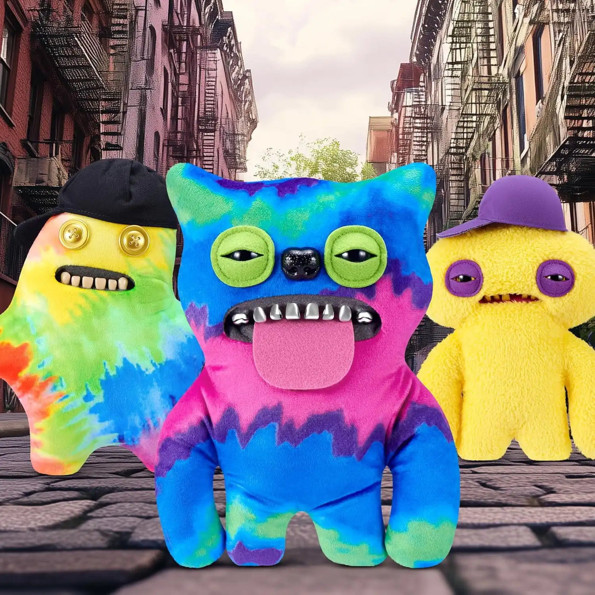 A colorful plush toy monster with large eyes and a pink tongue standing in an urban setting.