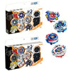 A box set of spinning tops and launchers for a battle game featuring various colored tops and accessories.