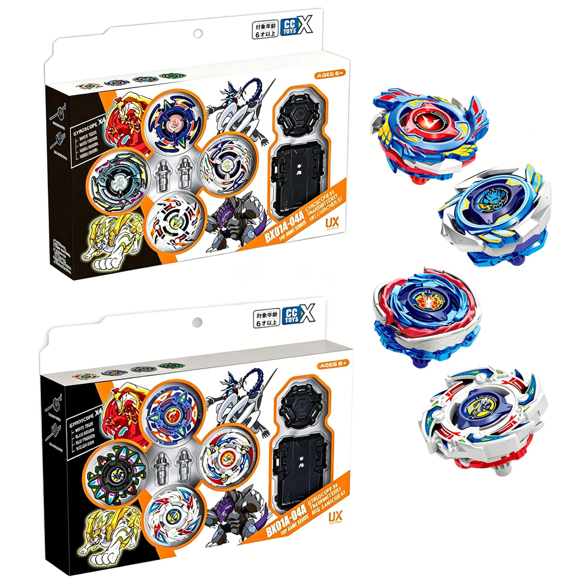 A box set of spinning tops and launchers for a battle game featuring various colored tops and accessories.