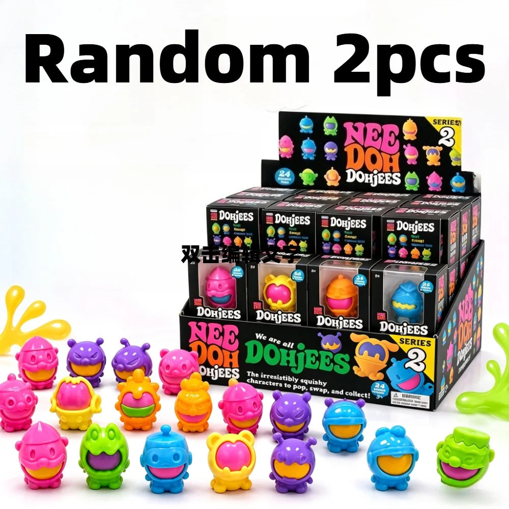 A collection of random 2 pieces of Nee DohJees squishy characters in various colors and shapes.