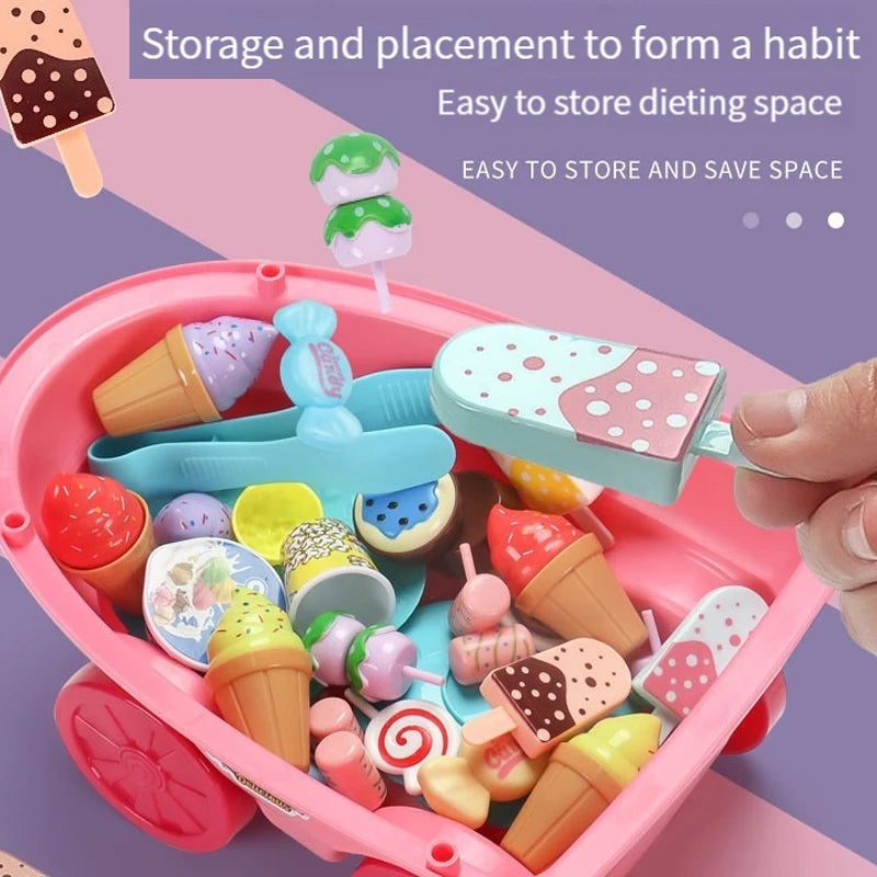 A pink storage box filled with various ice cream shaped toys and accessories for pretend play