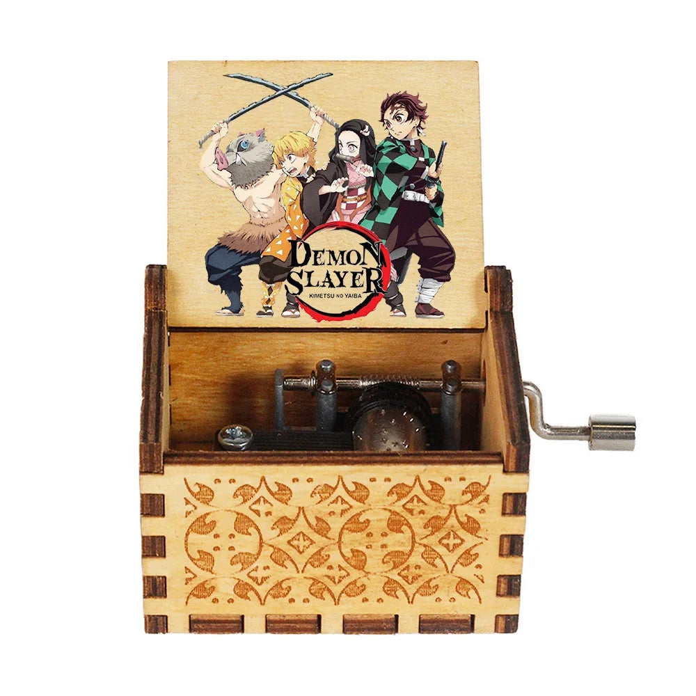 Hand-Cranked Wooden Music Box – Demon Slayer Carved Design