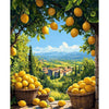 A painting of a lemon tree with ripe yellow lemons hanging from green leaves against a blue sky and rolling hills.
