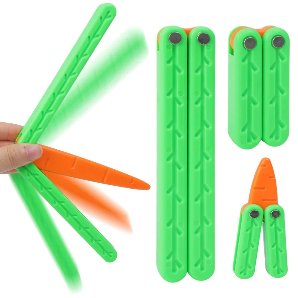 Green 3D printed butterfly knife fidget toy with orange accents shown in various configurations