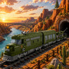 A model of a green vintage steam passenger train running along railroad tracks in a scenic landscape at sunset.