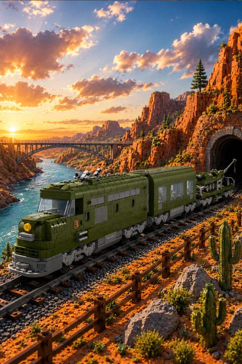 A model of a green vintage steam passenger train running along railroad tracks in a scenic landscape at sunset.