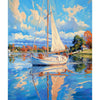 A sailboat with white sails floats on blue water under a bright, cloudy sky.