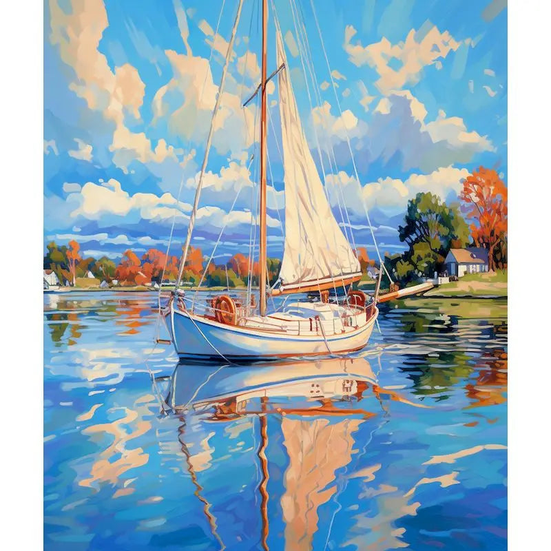 A sailboat with white sails floats on blue water under a bright, cloudy sky.
