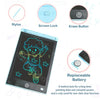 A tablet displaying a colorful drawing of a child, surrounded by icons for stylus, screen lock, erase button, and a replaceab