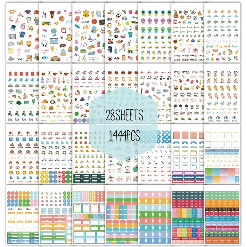 A large collection of 1444 planner stickers for journals and bullet journals featuring various icons, shapes, and designs.