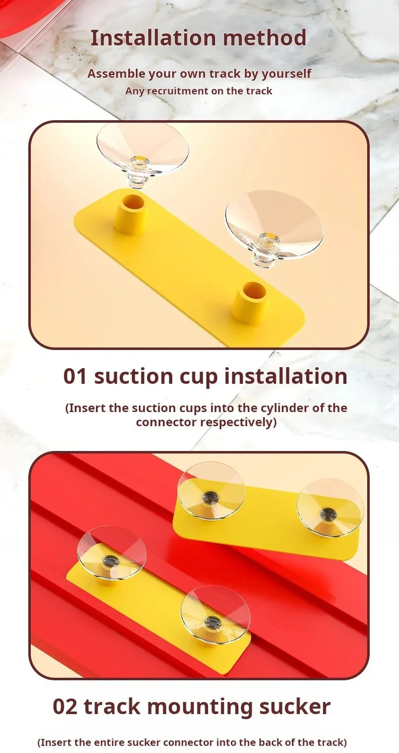 Installation method showing steps to assemble a track using suction cups and mounting suckers