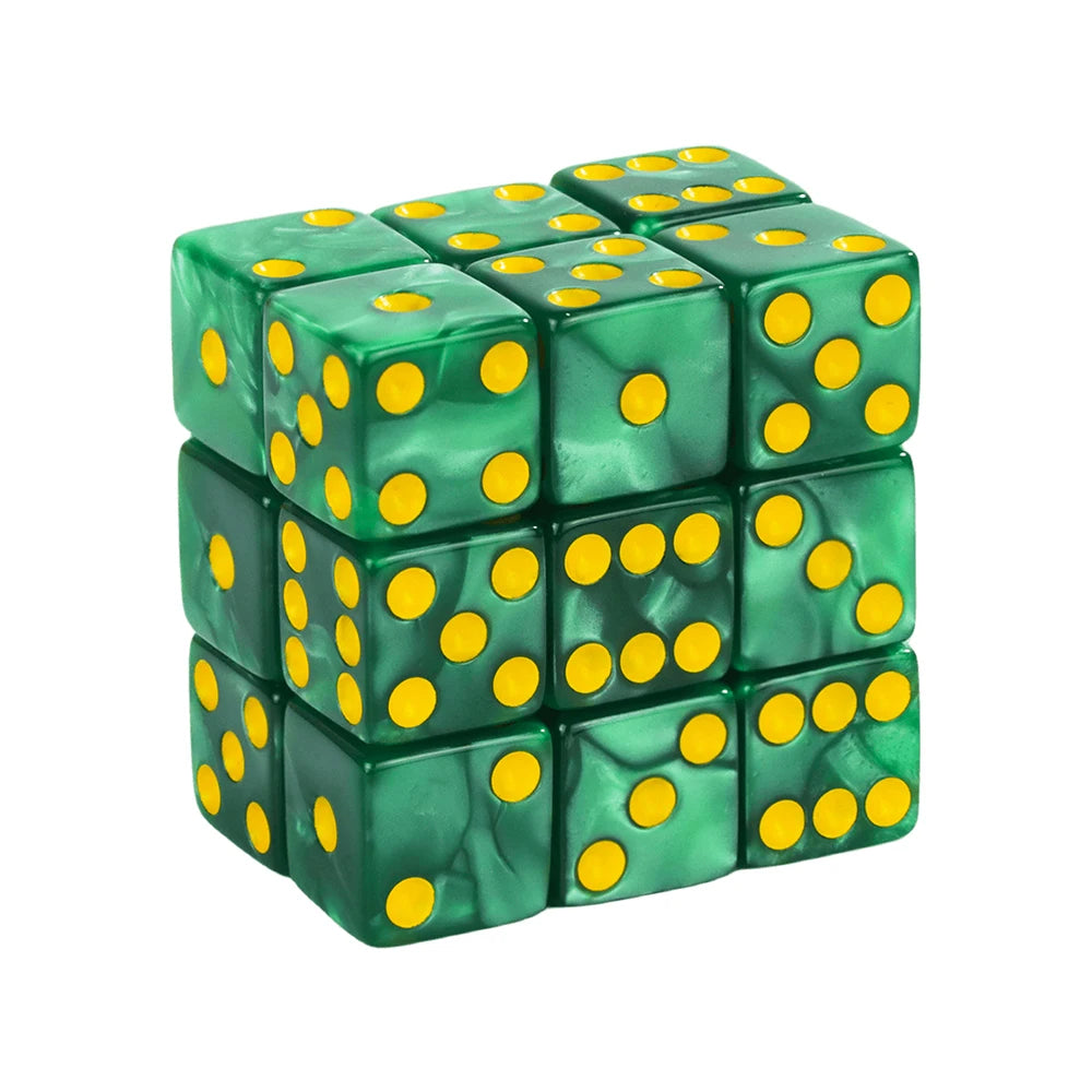 A set of ten green marble acrylic dice cubes arranged in a grid.