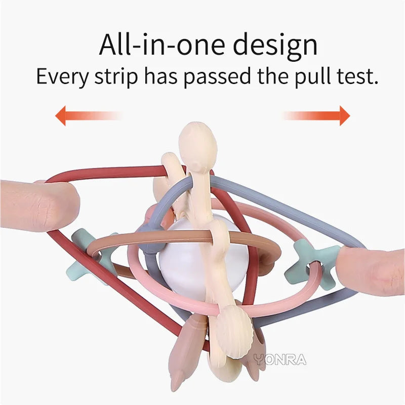 All-in-one silicone rattle and sensory ball with multiple strips passed the pull test.