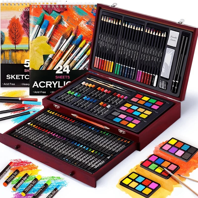 142-Piece Wooden Art Set with Pencils, Paints, Brushes & More