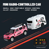 A pink mini radio-controlled car with a white trailer is shown on a dark background, next to its remote control.
