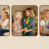 Three images showing women and a man holding colorful flower bouquets with building blocks.