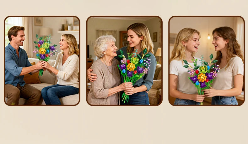 Three images showing women and a man holding colorful flower bouquets with building blocks.