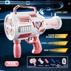 Pink rechargeable bubble gun with cool lighting effects and one-touch launch feature