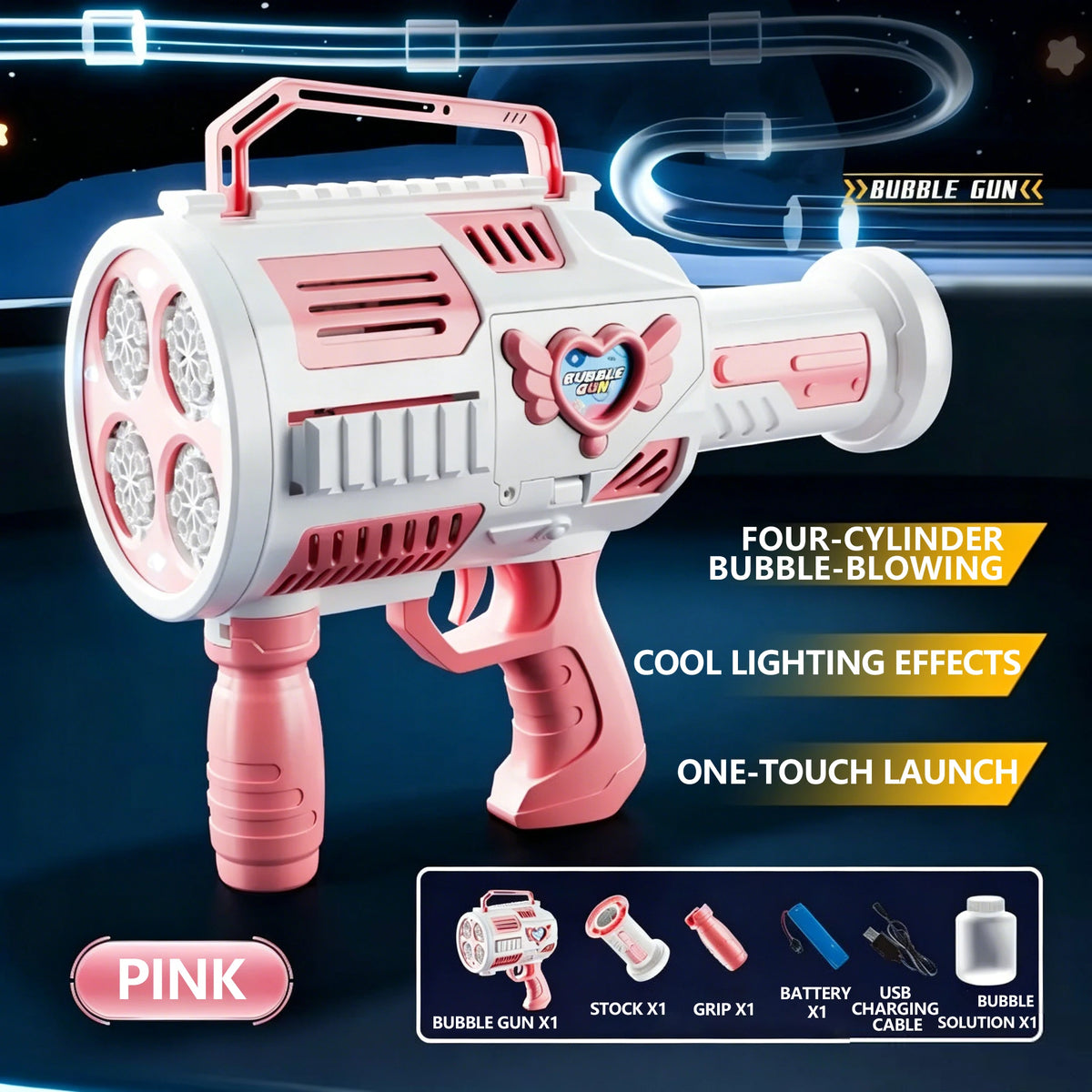 Pink rechargeable bubble gun with cool lighting effects and one-touch launch feature