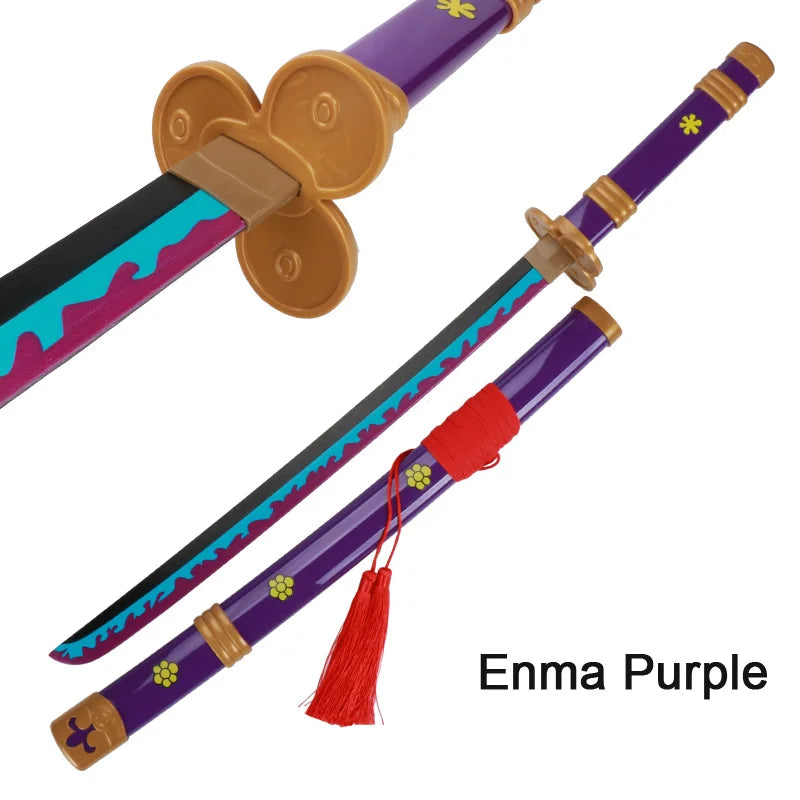 Enma Purple wooden katana sword with a leather grip and decorative accents