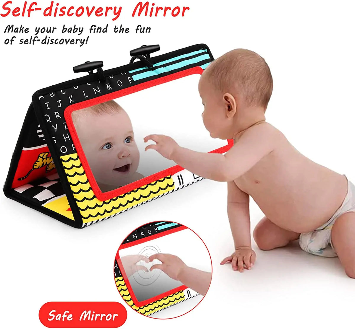 High-Contrast Tummy Time Baby Mirror with Crinkle Cloth Book and Teether