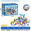 A box and disassembled magnetic railcar building set featuring an electric track and various train components.