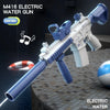 A blue electric water gun is shown in a white and blue color scheme, ready to be used.