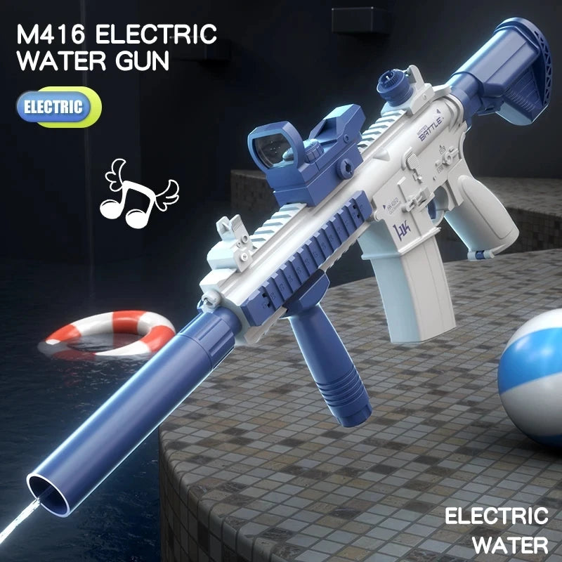 A blue electric water gun is shown in a white and blue color scheme, ready to be used.