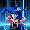 A blue and black transforming robot car model is shown with a red ring, demonstrating automatic demonstration features.