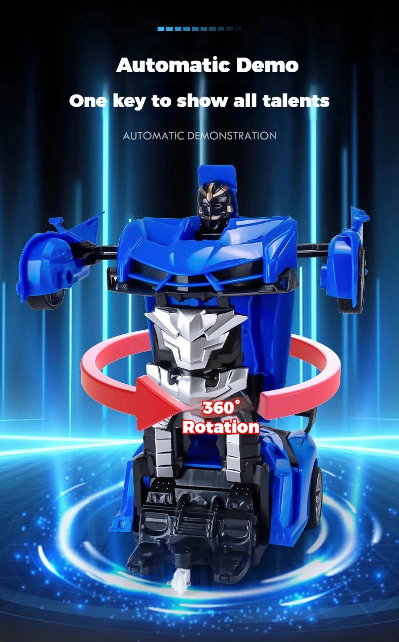 A blue and black transforming robot car model is shown with a red ring, demonstrating automatic demonstration features.